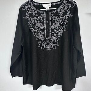 Susan Graver Style QVC Black & White Linen Blend Floral Embroidered NWT 1X